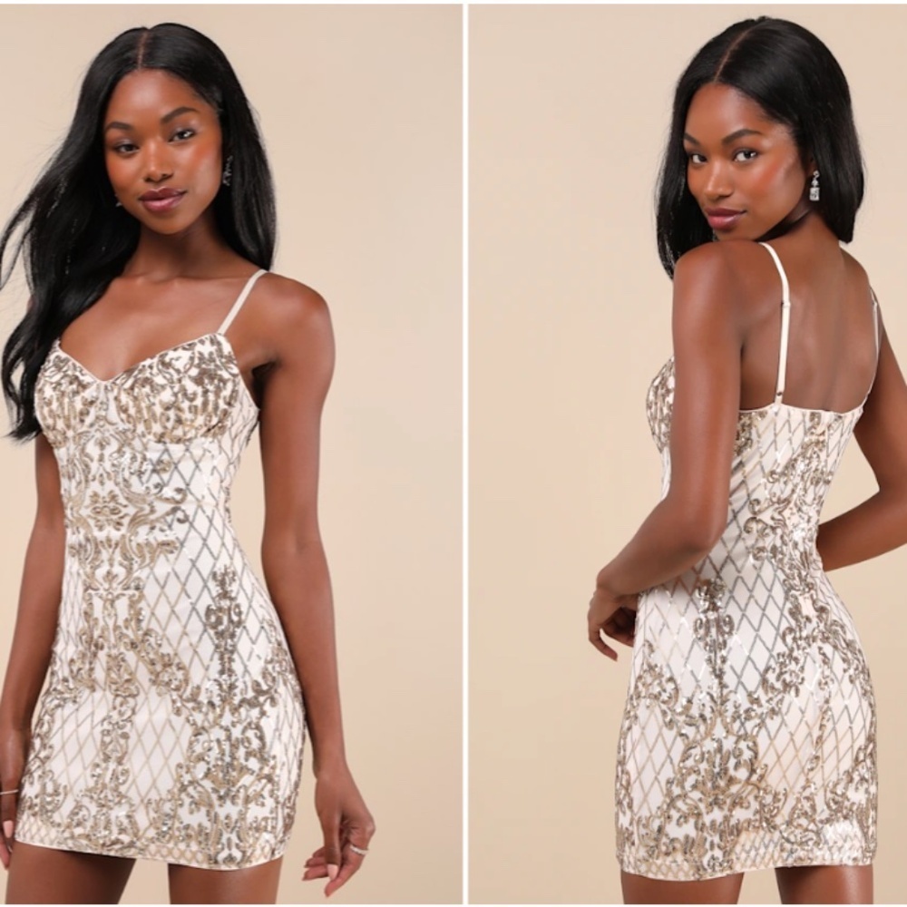 LULU's Prom Wedding Elegant Sexy Bustier Shimmer Sparkly Holiday Party Gold Mini - Picture 4 of 5